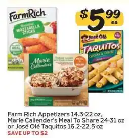 Winn Dixie Farm Rich Appetizers, Marie Callender's Meal To Share, José Olé Taquitos offer