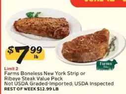 Winn Dixie Farms Boneless New York Strip or Ribeye Steak Value Pack offer