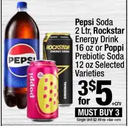 Super King Markets Pepsi Soda, Rockstar Energy Drink or Poppi Prebiotic Soda offer