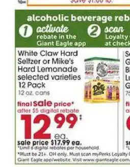 Giant Eagle White Claw Hard Seltzer or Mike's Hard Lemonade offer
