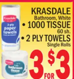 C Town KRASDALE Bathroom, White •1000 TISSUE 60 sh. •2 PLY TOWELS Single Rolls offer