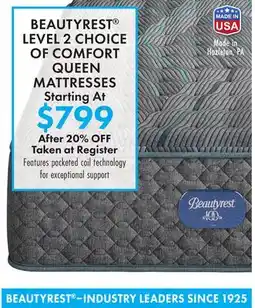 Boscov's BEAUTYREST LEVEL 2 CHOICE OF COMFORT QUEEN MATTRESSES offer