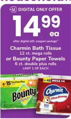 ACME Charmin Bath Tissue 12 ct. mega rolls or Bounty Paper Towels 6 ct. double plus rolls offer