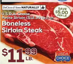 DeCicco & Sons U.S.D.A. Choice Petite Sirloin (12.99 lb.) or Boneless Sirloin Steak offer