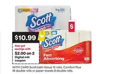 CVS Scott bath tissue 12 rolls, Comfort Plus 18 double rolls or paper towels 8 double rolls offer
