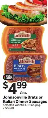 Stop&Shop Johnsonville Brats or Italian Dinner Sausages offer