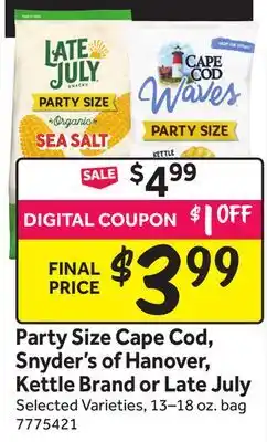 Stop&Shop Party Size Cape Cod, Snyder's of Hanover, Kettle Brand or Late July offer