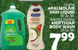 Bravo Supermarkets Original PALMOLIVE DISH LIQUID 90 Oz. Btl.,SOFTSOAP BODY WASH 20 Oz. Btl offer
