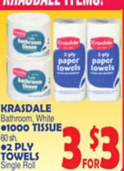 Bravo Supermarkets KRASDALE Bathroom, White 1000 TISSUE 60 sh. 2 PLY TOWELS Single Roll offer