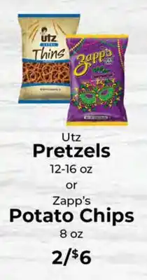 Sunset Foods Utz Pretzels 12-16 oz or Zapp's Potato Chips 8 oz offer
