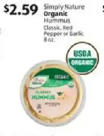 Aldi Simply Nature Organic Hummus Classic, Red Pepper or Garlic offer