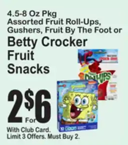 SuperFresh Assorted Fruit Roll-Ups, Gushers, Fruit By The Foot or Betty Crocker Fruit Snacks offer