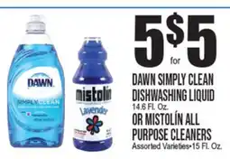 Extra Supermarket DAWN SIMPLY CLEAN DISHWASHER LIQUID 14.6 FL OZ OR MISTOLÍN ALL PURPOSE CLEANERS offer