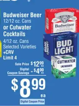 Smart & Final Budweiser Beer 12/12 oz. Cans or Cutwater Cocktails offer