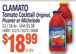 Jetro CLAMATO Tomato Cocktail Original, Picante or Michelada offer