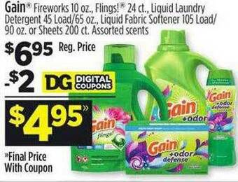 Dollar General Gain Fireworks, Flings, Liquid Laundry Detergent, Liquid Fabric Softener Or Sheets offer
