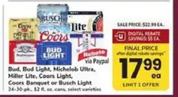 Safeway Bud, Bud Light, Michelob Ultra, Miller Lite, Coors Light, Coors Banquet or Busch Light offer