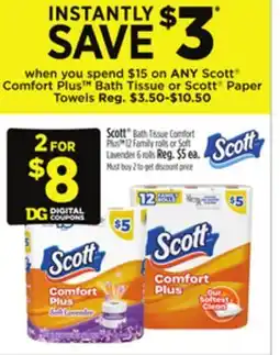 Dollar General Scott Bath Tissue Comfort PlusTM 12 Family rolls or Soft Lavender 6 rolls offer