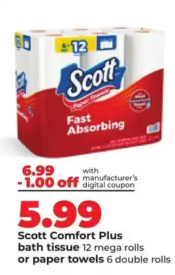 Hy-Vee Scott Comfort Plus bath tissue 12 mega rolls or paper towels 6 double rolls offer