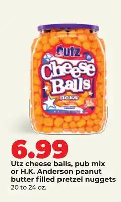 Hy-Vee Utz cheese balls, pub mix or H.K. Anderson peanut butter filled pretzel nuggets offer