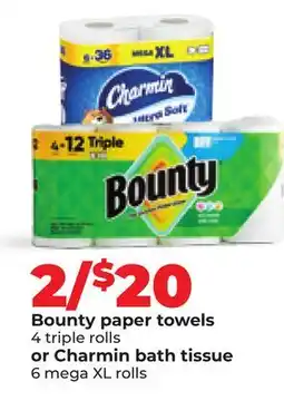 Hy-Vee Bounty paper towels 4 triple rolls or Charmin bath tissue 6 mega XL rolls offer