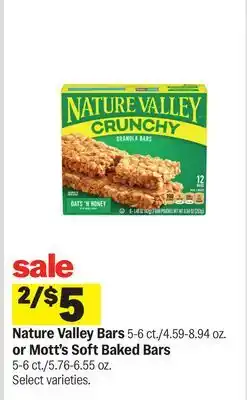 Meijer Nature Valley Bars 5-6 ct./4.59-8.94 oz. or Mott's Soft Baked Bars 5-6 ct./5.76-6.55 oz offer