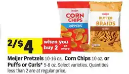 Meijer Meijer Pretzels 10-16 oz., Corn Chips 10 oz. or Puffs or Curls offer