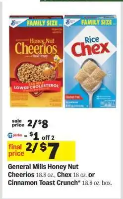 Meijer General Mills Honey Nut Cheerios, Chex, or Cinnamon Toast Crunch offer