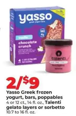 Hy-Vee Yasso Greek frozen yogurt, bars, poppables / Talenti gelato layers or sorbetto offer