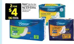 Dollar General Breeze Ultra Thin, Maxi or Overnight Pads 14-24 ct offer