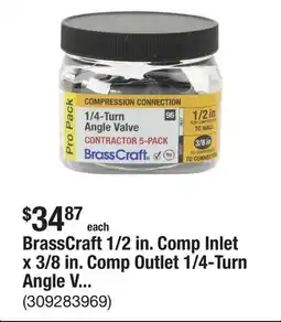 The Home Depot BrassCraft 1/2 in. Comp Inlet x 3/8 in. Comp Outlet 1/4-Turn Angle Valve (5-pack) offer