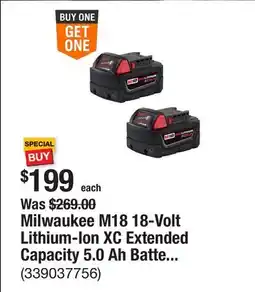 The Home Depot Milwaukee M18 18-Volt Lithium-Ion XC Extended Capacity 5.0 Ah Battery Pack (2-Pack) offer