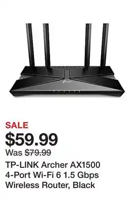 Office Depot TP-LINK Archer AX1500 4-Port Wi-Fi 6 1.5 Gbps Wireless Router, Black offer