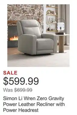 Costco Simon Li Wren Zero Gravity Power Leather Recliner with Power Headrest offer