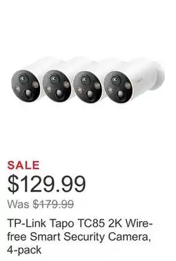 Costco TP-Link Tapo TC85 2K Wire-free Smart Security Camera, 4-pack offer