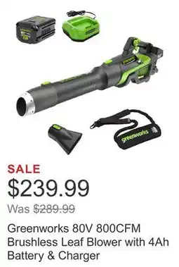 Costco Greenworks 80V 800CFM Brushless Leaf Blower with 4Ah Battery & Charger offer