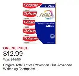 Costco Colgate Total Active Prevention Plus Advanced Whitening Toothpaste, 6.4 oz, 5-pack offer