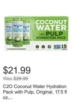 Costco C2O Coconut Water Hydration Pack with Pulp, Original, 17.5 fl oz, 15-count offer