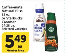 Vons Coffee-mate Natural Bliss 32 oz. or Starbucks Creamer 24-28 oz offer
