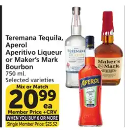 Vons Teremana Tequila, Aperol Aperitivo Liqueur or Maker's Mark Bourbon offer