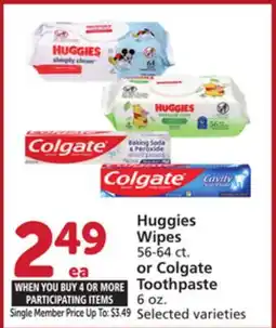 Vons Huggies Wipes 56-64 ct. or Colgate Toothpaste 6 oz offer