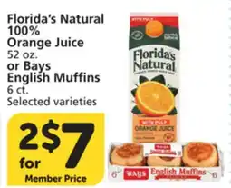 Vons Florida's Natural 100% Orange Juice 52 oz. or Bays English Muffins 6 ct offer