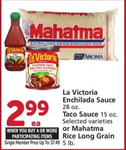 Vons La Victoria Enchilada Sauce 28 oz. Taco Sauce 15 oz. or Mahatma Rice Long Grain 5 lb offer