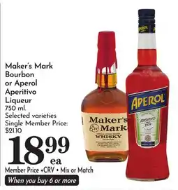 Pavilions Maker's Mark Bourbon or Aperol Aperitivo Liqueur offer