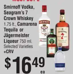 Smart & Final Smirnoff Vodka, Seagram's 7 Crown Whiskey, Camarena Tequila or Jägermeister Liqueur offer