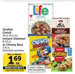 Albertsons Quaker Cereal 10.3-14.5 oz. Instant Oatmeal 8-10 ct. or Chewy Bars 5-8 ct offer