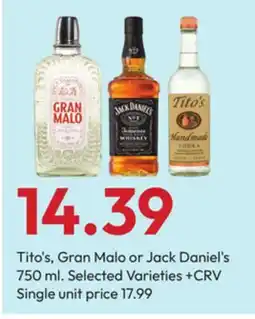 Stater Bros Tito's, Gran Malo or Jack Daniel's offer