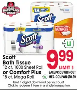 Jewel-Osco Scott Bath Tissue 12 ct. 1000 Sheet Roll or Comfort Plus 18 ct. Mega Roll offer