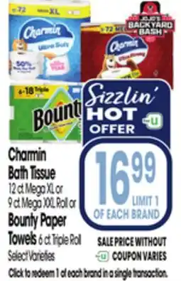 Jewel-Osco Charmin Bath Tissue 12 ct. Mega XL or 9 ct. Mega XXL Roll or Bounty Paper Towels 6 ct. Triple Roll offer