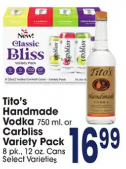 Jewel-Osco Tito's Handmade Vodka 750 ml. or Carbliss Variety Pack offer